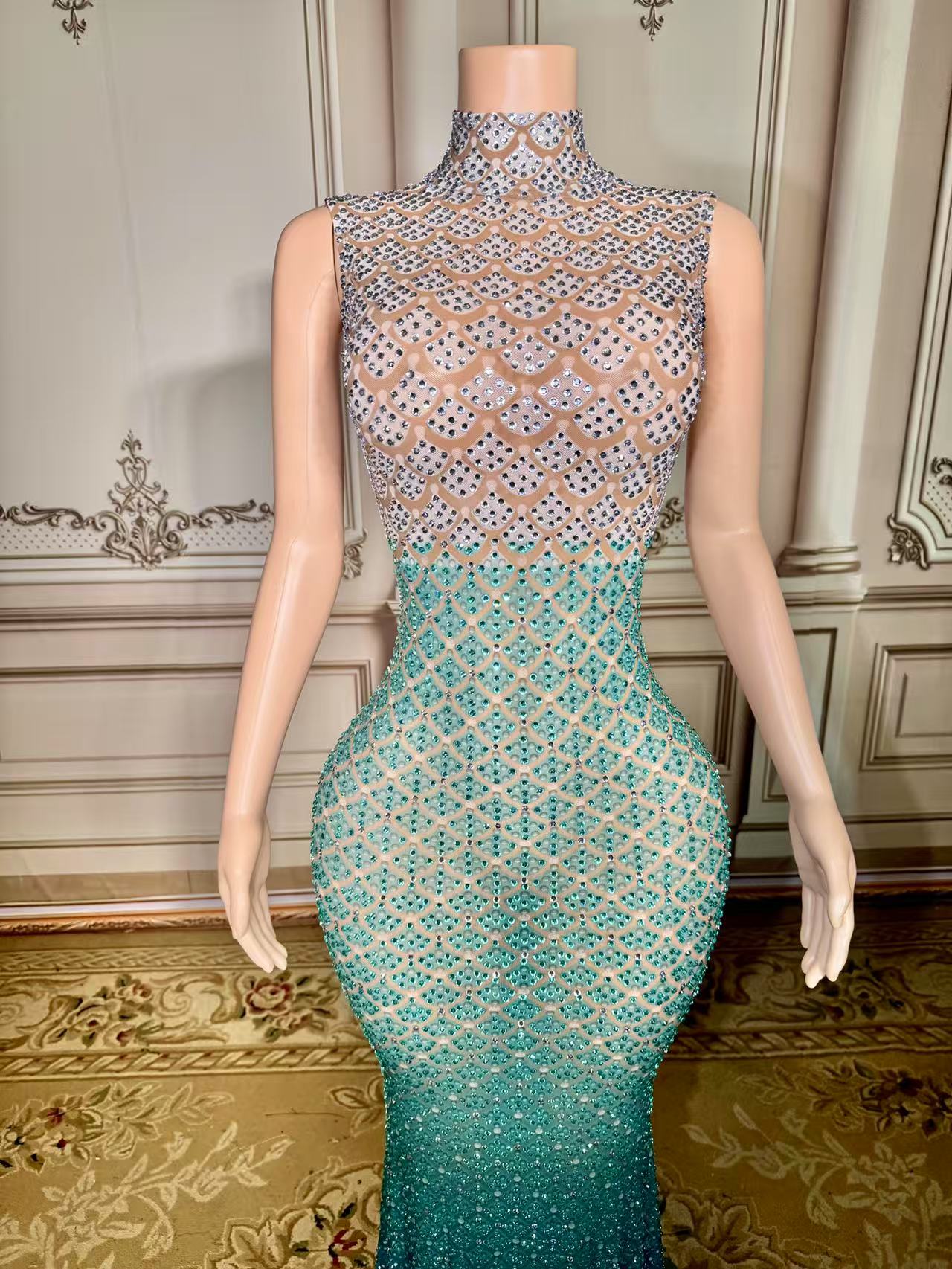 High Neck Sheath Long Prom Dress with Rhinestones Bodice Detail