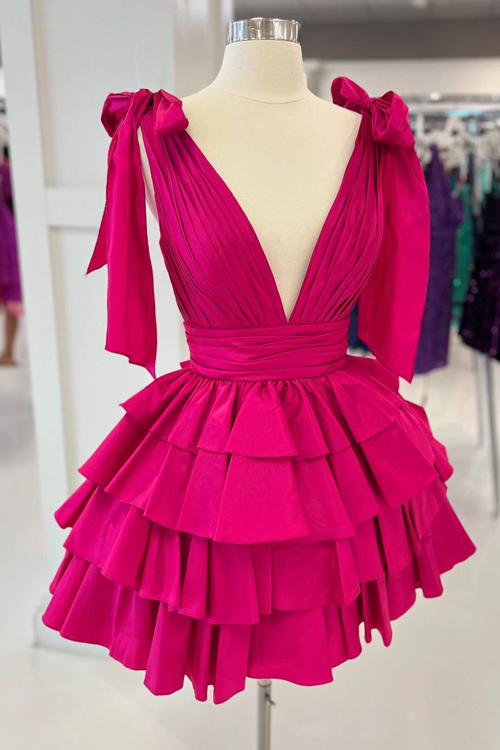 Hot Pink Deep V-Neck A-Line Homecoming Dress with Bow