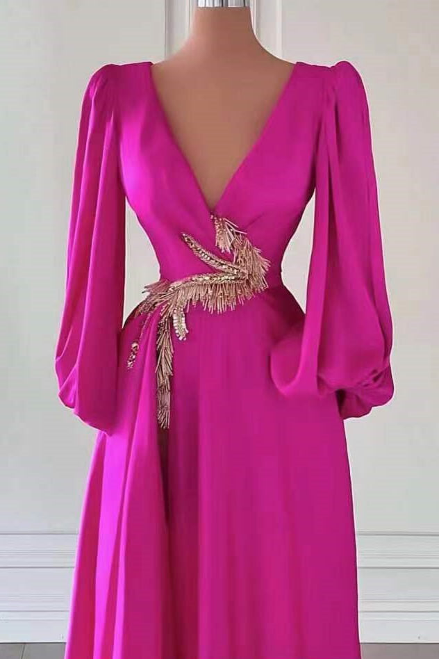 Hot Pink Deep V-Neck A-Line Long Prom Dress with Long Sleeves Bodice Detail