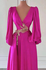 Hot Pink Deep V-Neck A-Line Long Prom Dress with Long Sleeves Bodice Detail