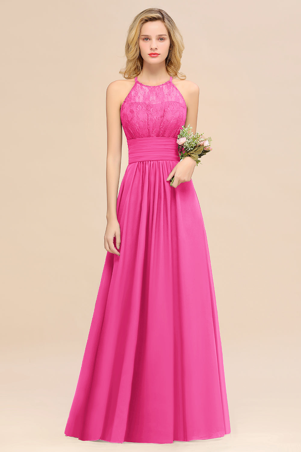 Hot Pink Halter Chiffon A-Line Long Bridesmaid Dress