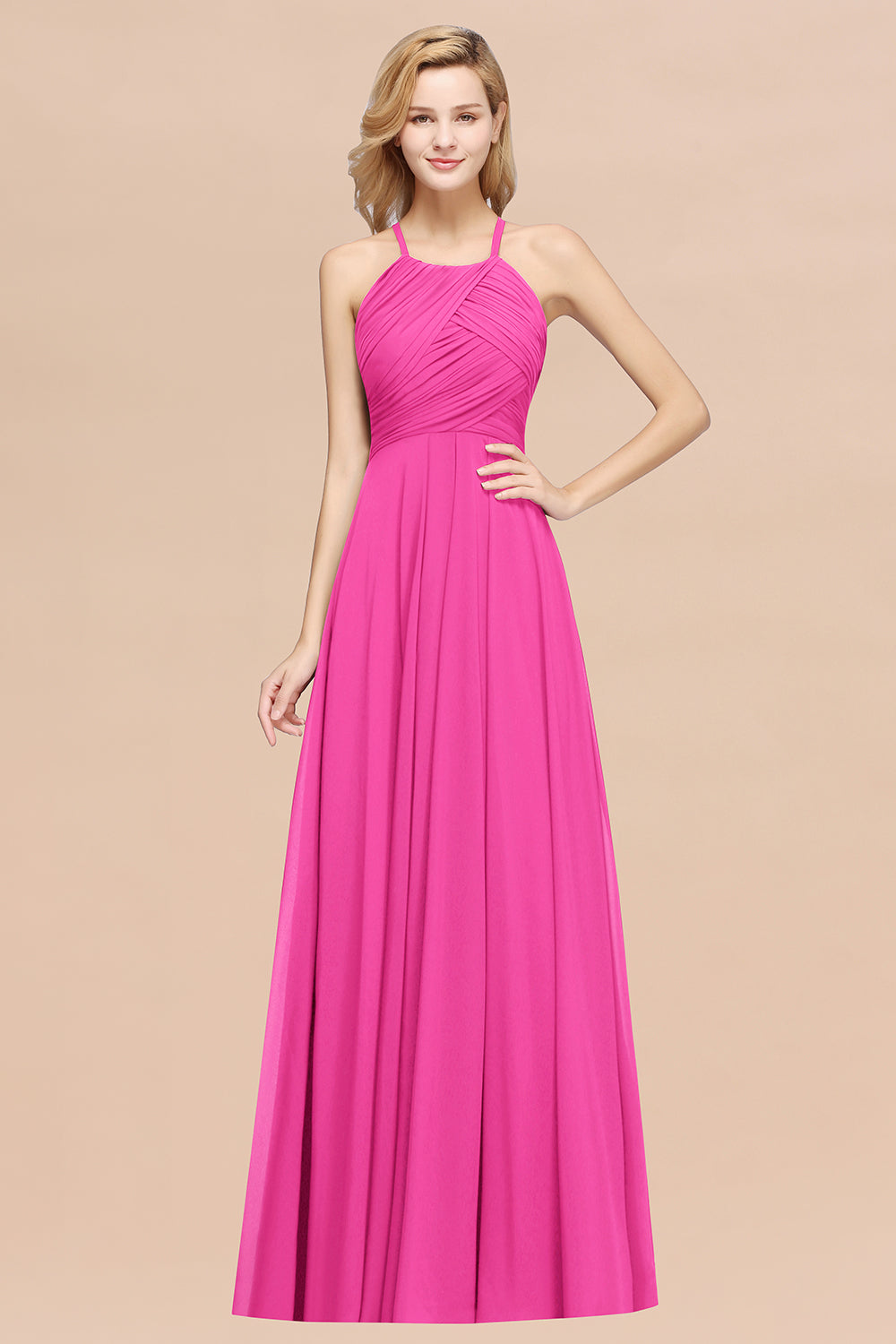 Hot Pink Halter Chiffon A-Line Long Bridesmaid Dress with Ruching