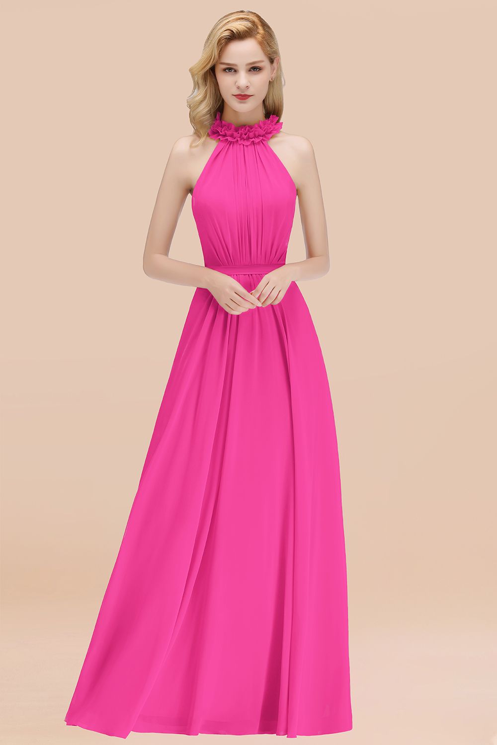 Hot Pink High Neck Chiffon A-Line Long Bridesmaid Dress