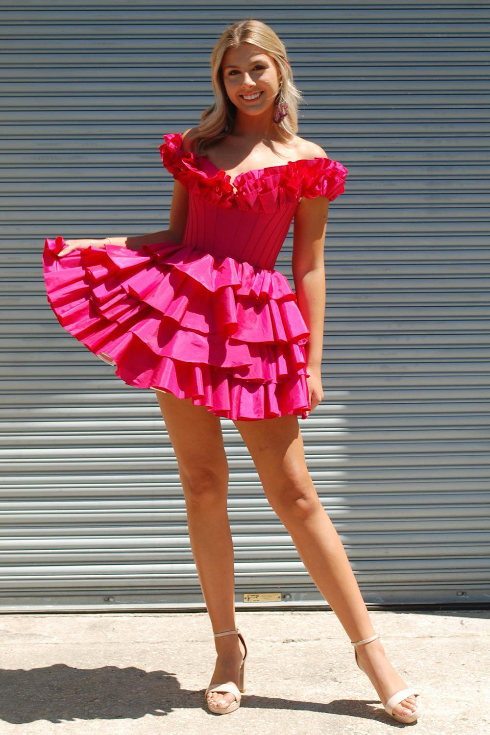 Hot Pink Off The Shoulder A-Line Homecoming Dress with Ruffles