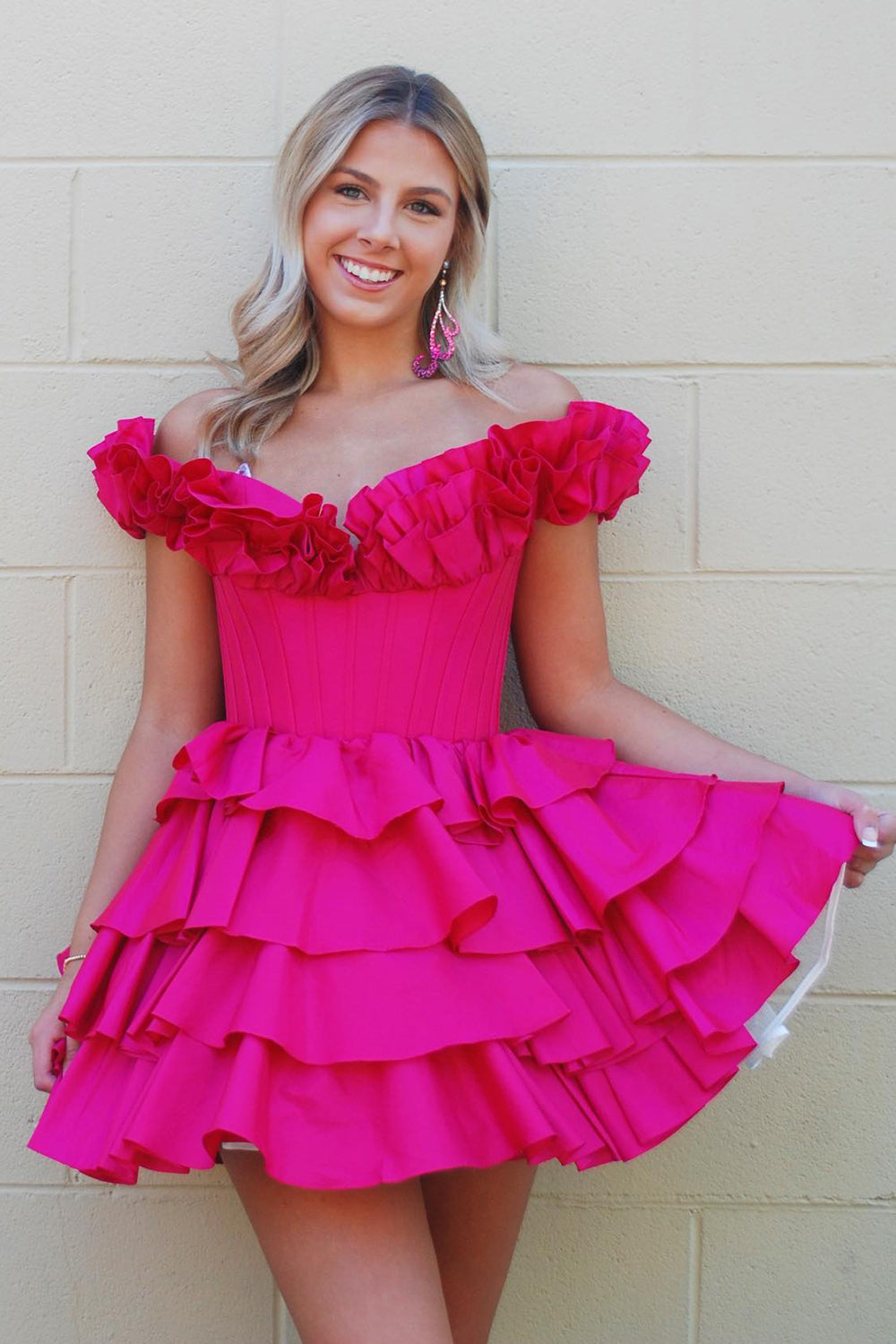 Hot Pink Off The Shoulder A-Line Homecoming Dress with Ruffles