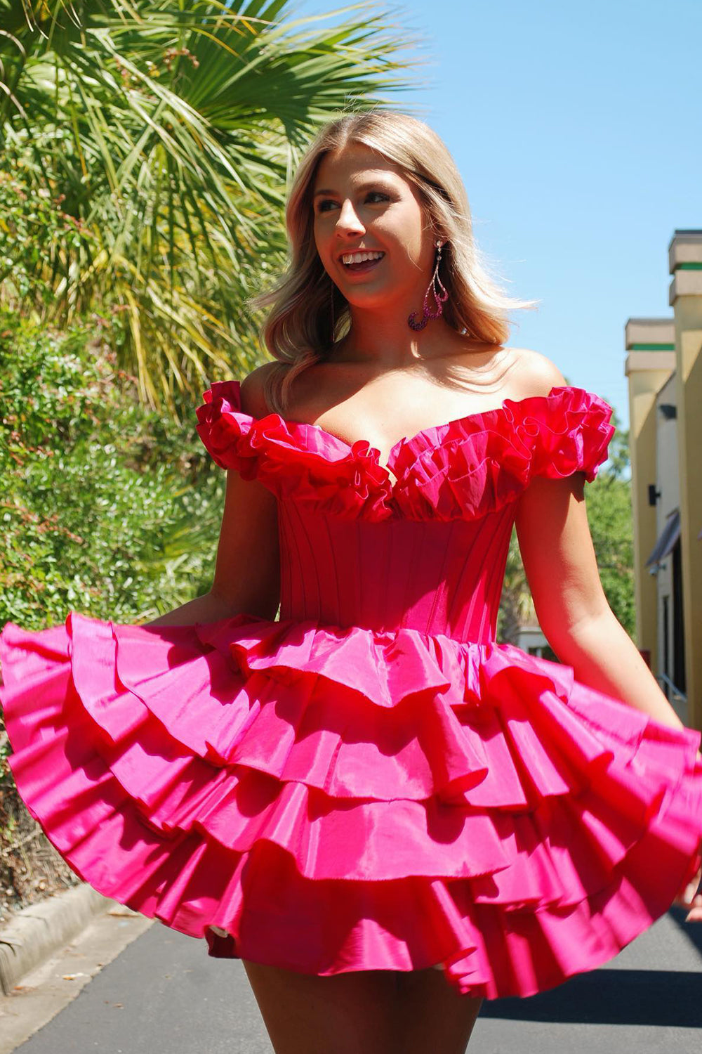 Hot Pink Off The Shoulder A-Line Homecoming Dress with Ruffles