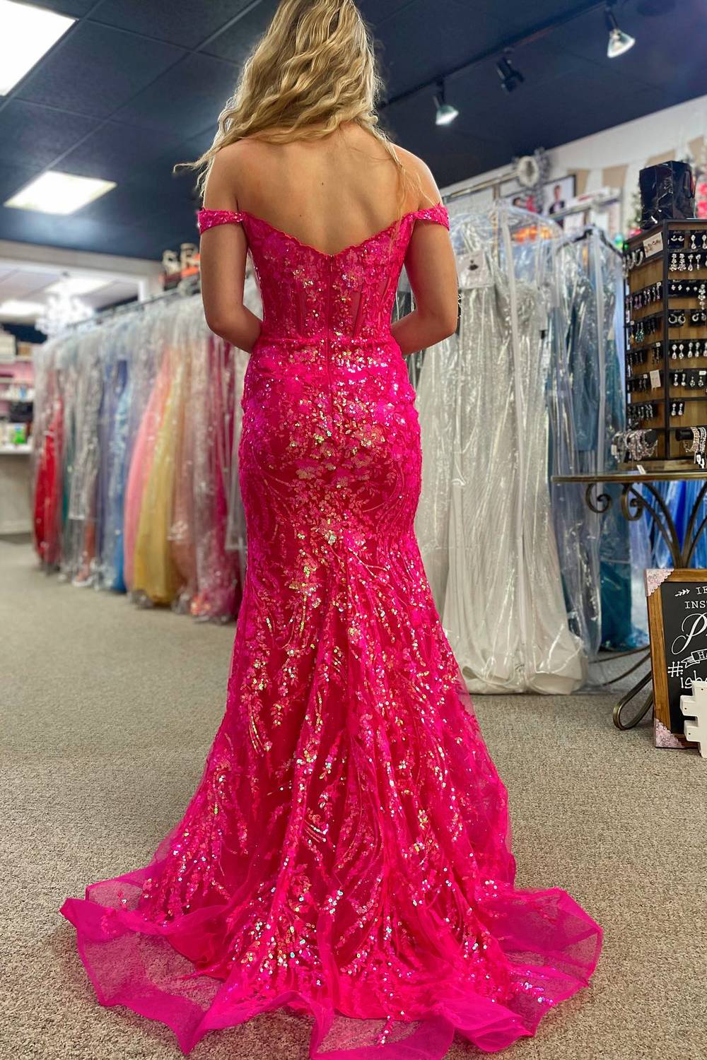 Hot Pink Off The Shoulder Sequin Mermaid Long Prom Dress with Slit Back View