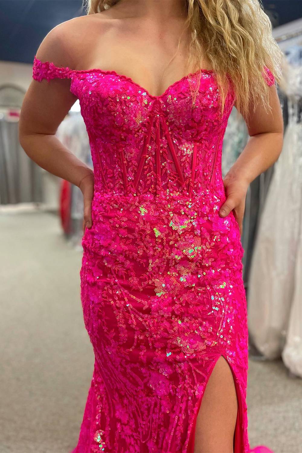 Hot Pink Off The Shoulder Sequin Mermaid Long Prom Dress with Slit Bodice Detail