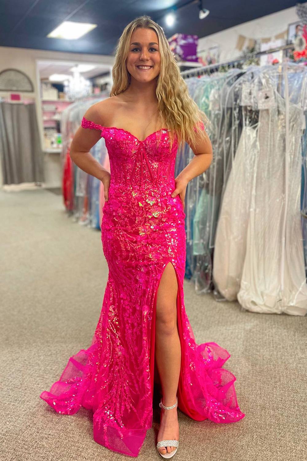 Hot Pink Off The Shoulder Sequin Mermaid Long Prom Dress with Slit