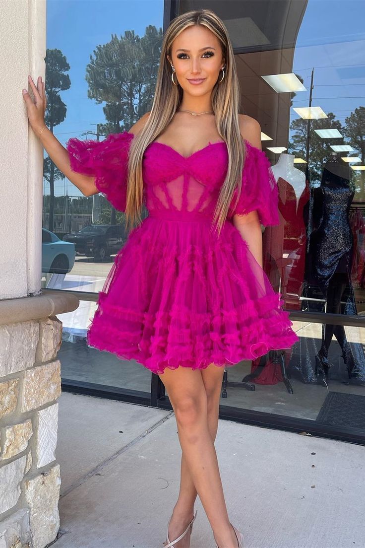 Hot Pink Off The Shoulder Tulle A-Line Homecoming Dress