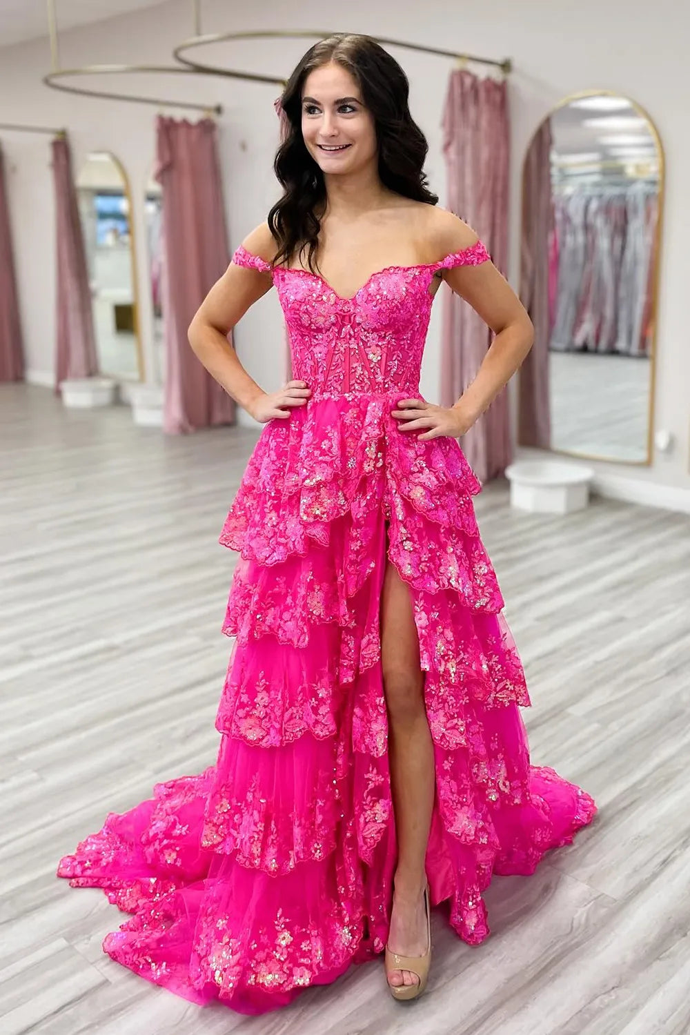 Hot Pink Off The Shoulder Tulle A-Line Long Prom Dress with Slit