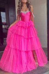 Hot Pink Off The Shoulder Tulle A-Line Long Prom Dress with Slit