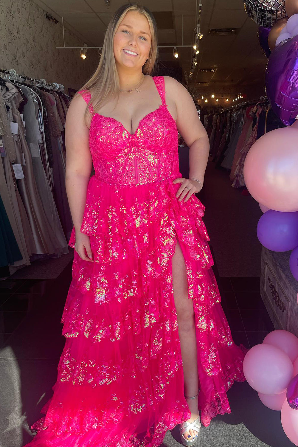 Hot Pink Off The Shoulder Tulle A-Line Long Prom Dress with Slit