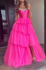 Hot Pink Off The Shoulder Tulle A-Line Long Prom Dress with Slit