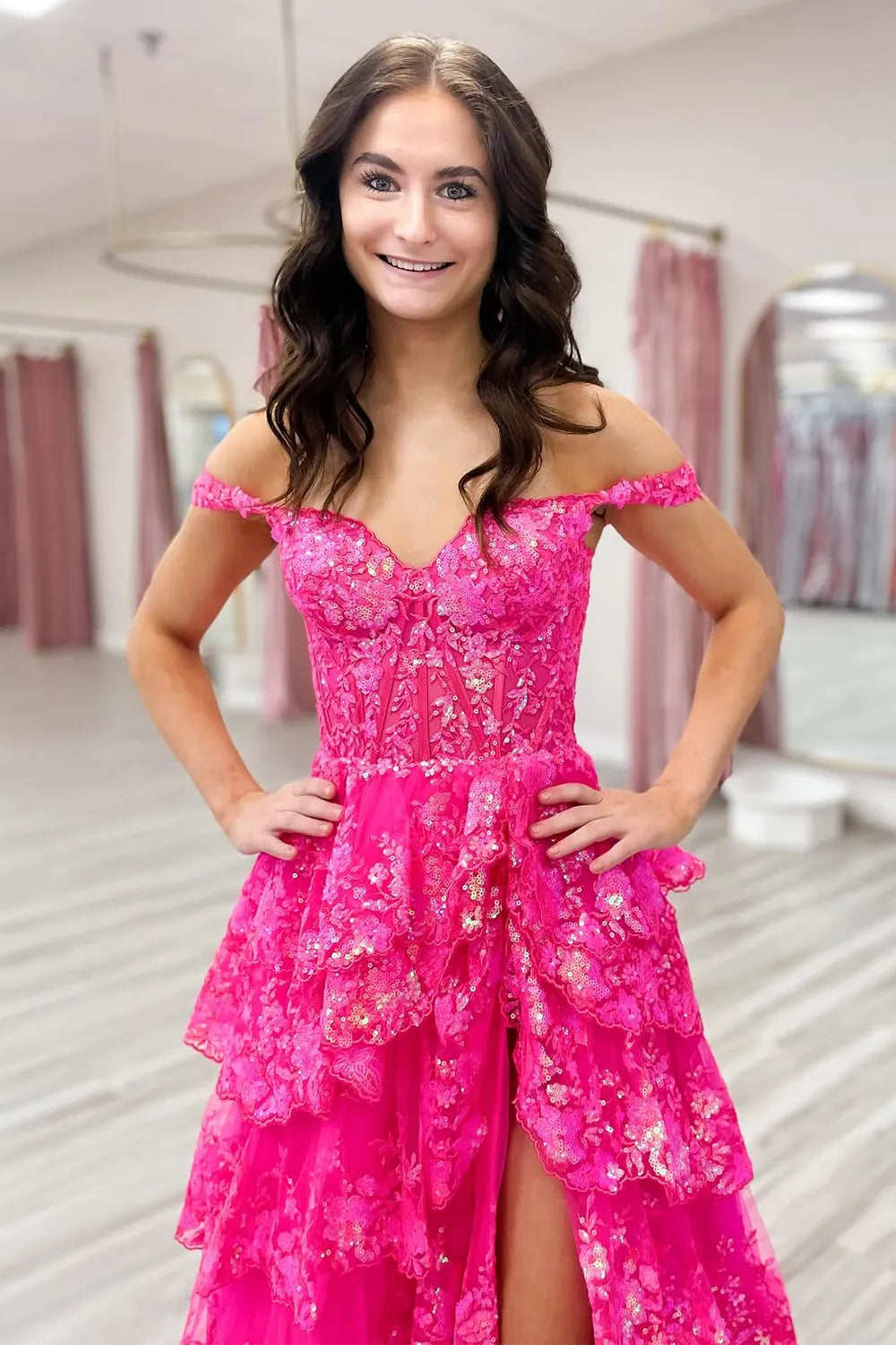 Hot Pink Off The Shoulder Tulle A-Line Long Prom Dress with Slit Bodice Detail