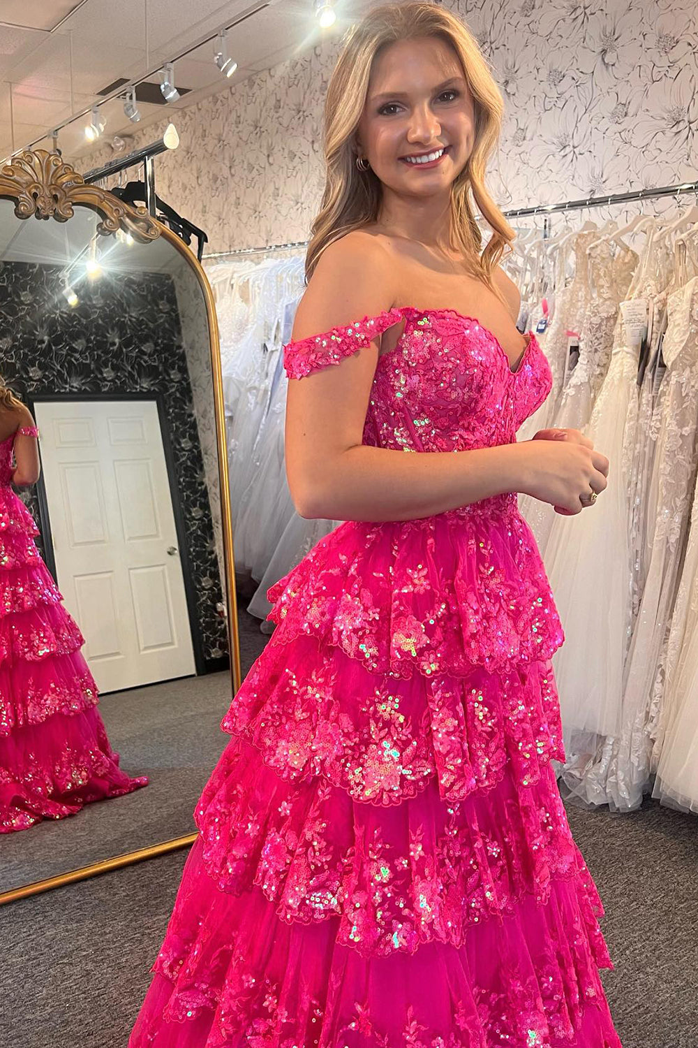 Hot Pink Off The Shoulder Tulle A-Line Long Prom Dress with Slit Side View