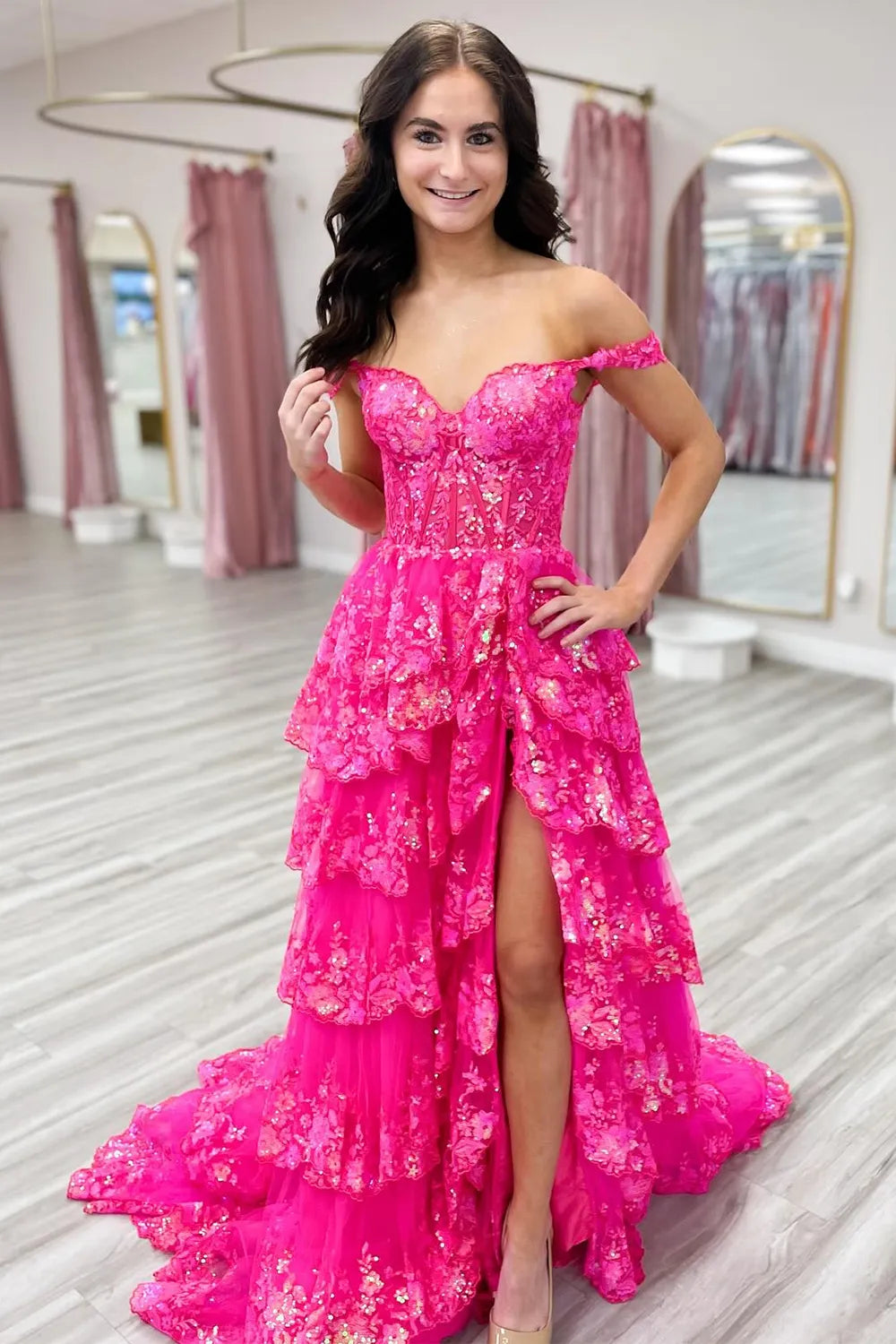 Hot Pink Off The Shoulder Tulle A-Line Long Prom Dress with Slit