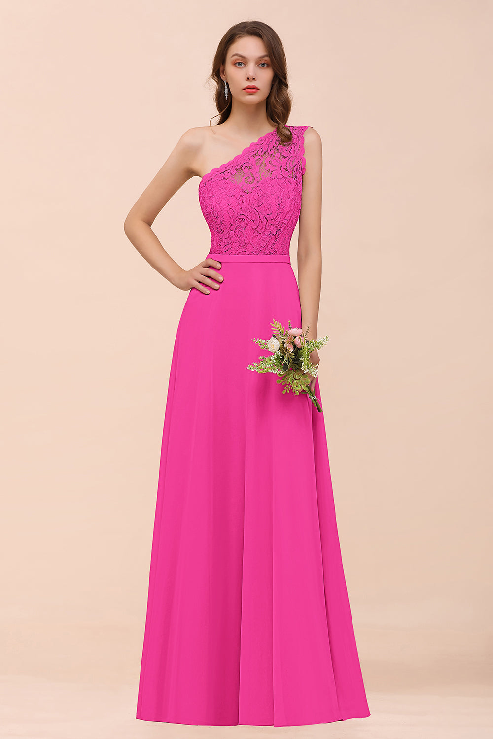 Hot Pink One Shoulder Chiffon A-Line Long Bridesmaid Dress