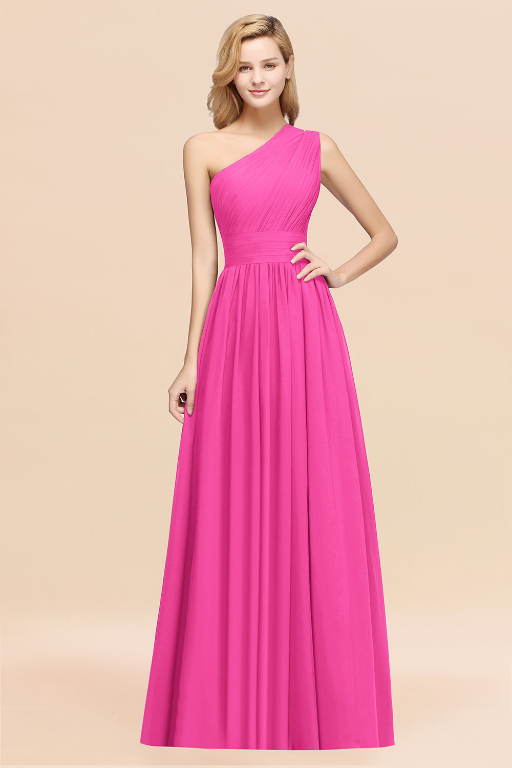 Hot Pink One Shoulder Chiffon A-Line Long Bridesmaid Dress