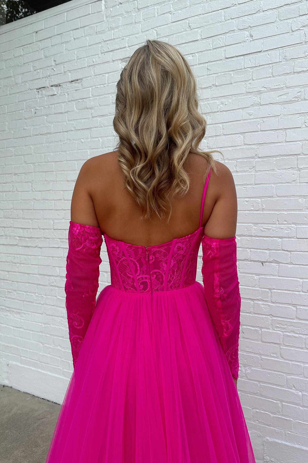 Hot Pink One Shoulder Tulle A-Line Long Prom Dress Back Detail