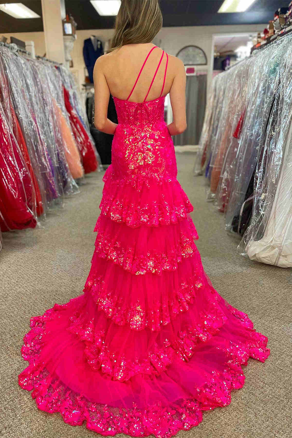 Hot Pink One Shoulder Tulle A-Line Long Prom Dress with Slit Back View