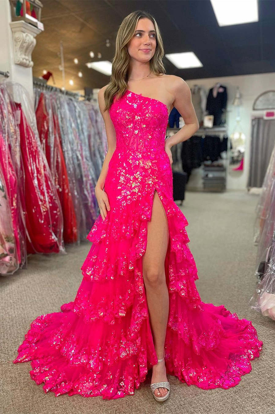 Hot Pink One Shoulder Tulle A-Line Long Prom Dress with Slit