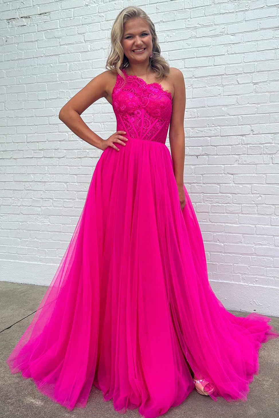 Hot Pink One Shoulder Tulle A-Line Long Prom Dress