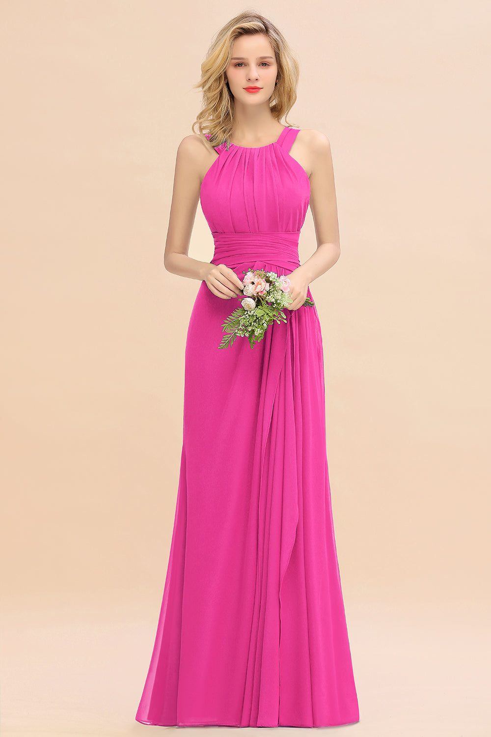 Hot Pink Scoop Neck Chiffon A-Line Long Bridesmaid Dress