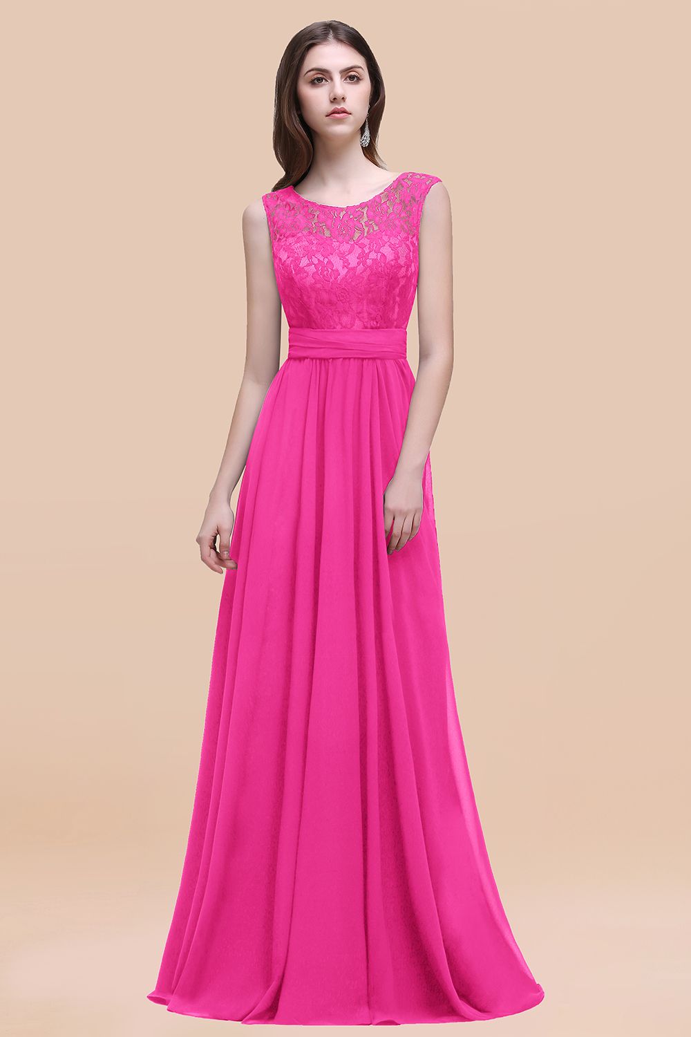 Hot Pink Scoop Neck Chiffon A-Line Long Bridesmaid Dress