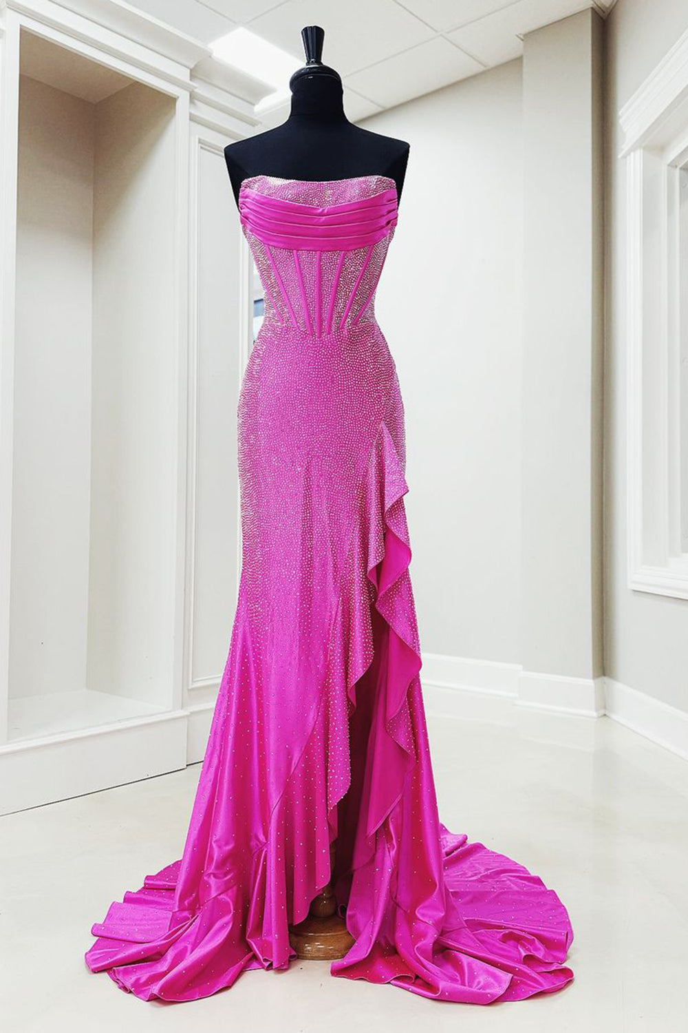 Hot Pink Strapless Mermaid Long Prom Dress with Slit