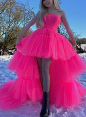 Hot Pink Strapless Tulle A-Line Prom Dress with Ruffles