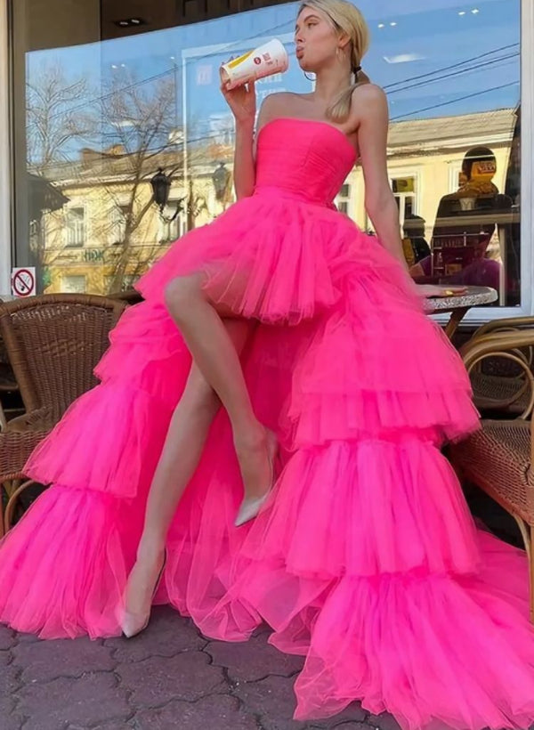 Hot Pink Strapless Tulle A-Line Prom Dress with Ruffles