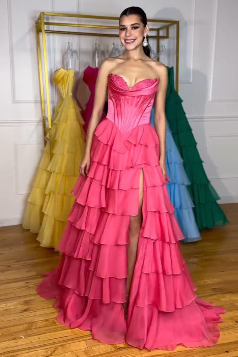Hot Pink Sweetheart A-Line Long Prom Dress with Slit