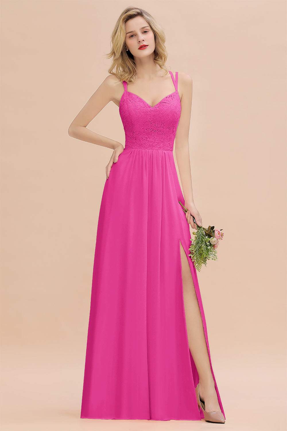 Hot Pink Sweetheart Chiffon A-Line Long Bridesmaid Dress with Slit