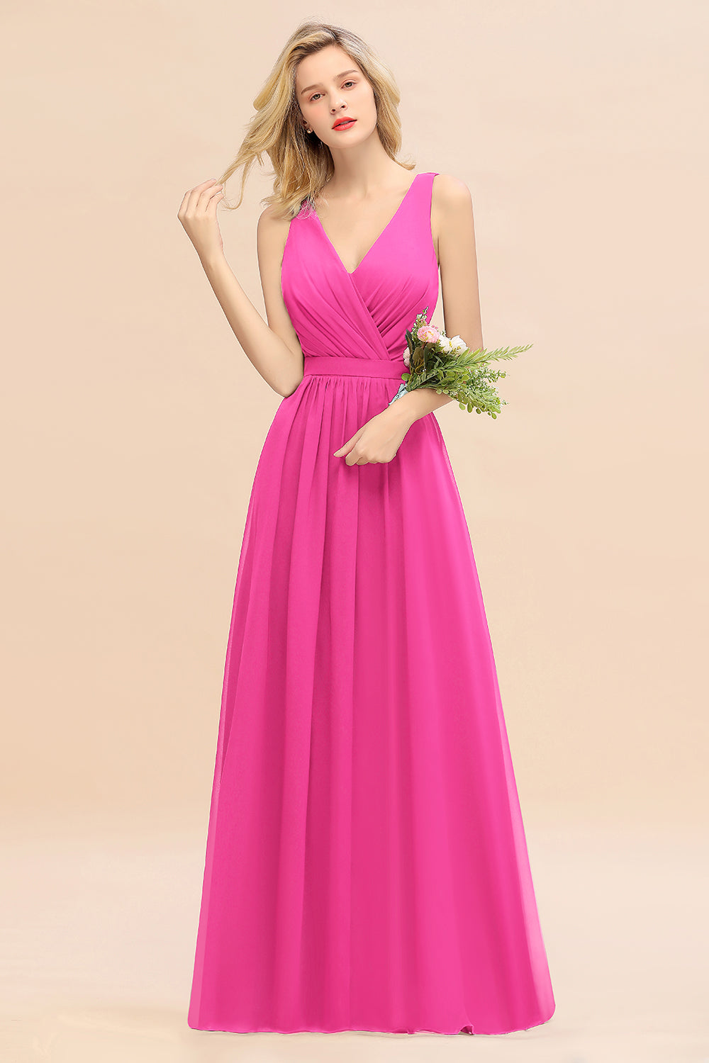 Hot Pink V-Neck Chiffon A-Line Long Bridesmaid Dress with Ruching