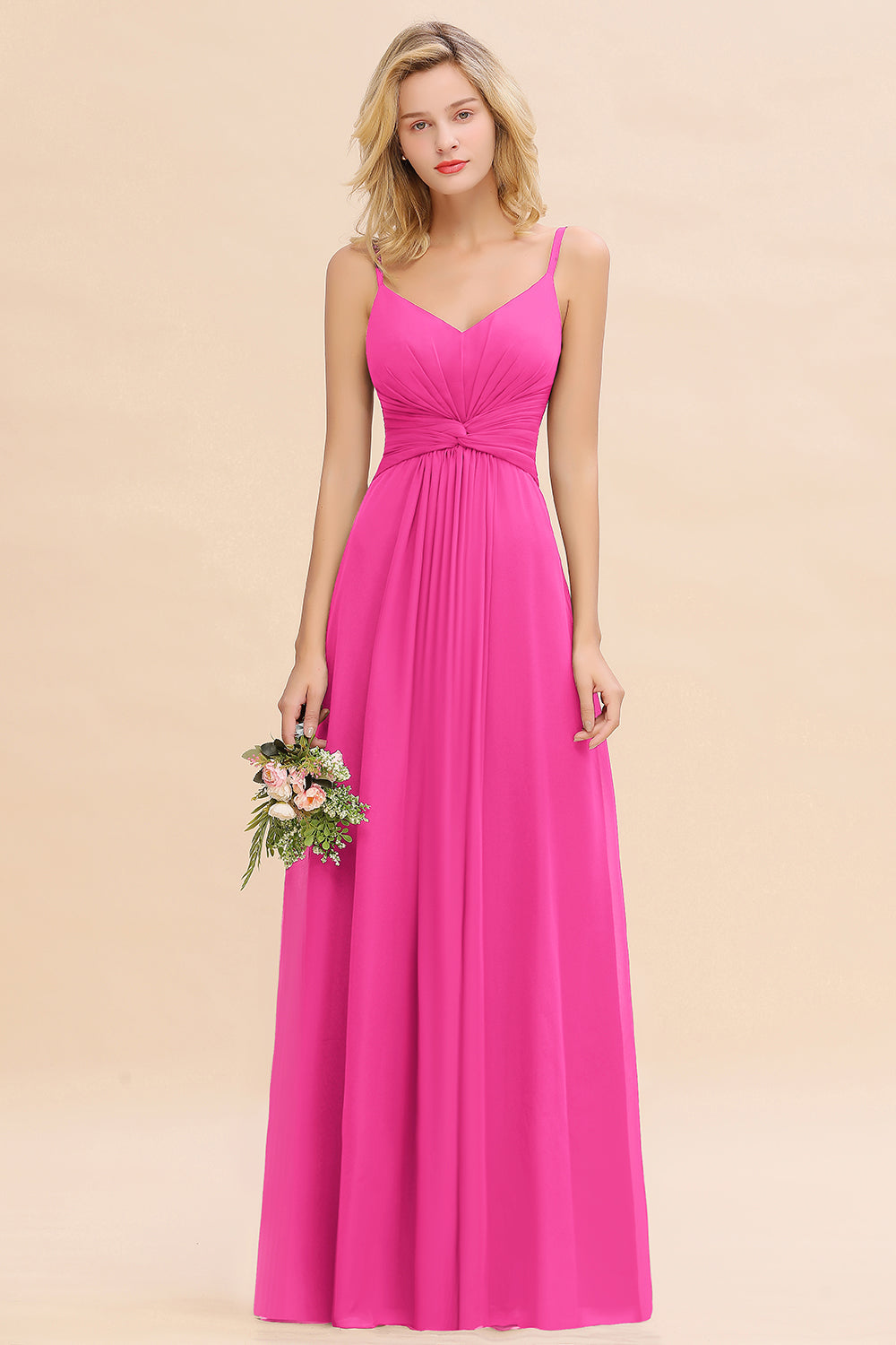Hot Pink V-Neck Chiffon A-Line Long Bridesmaid Dress with Ruching