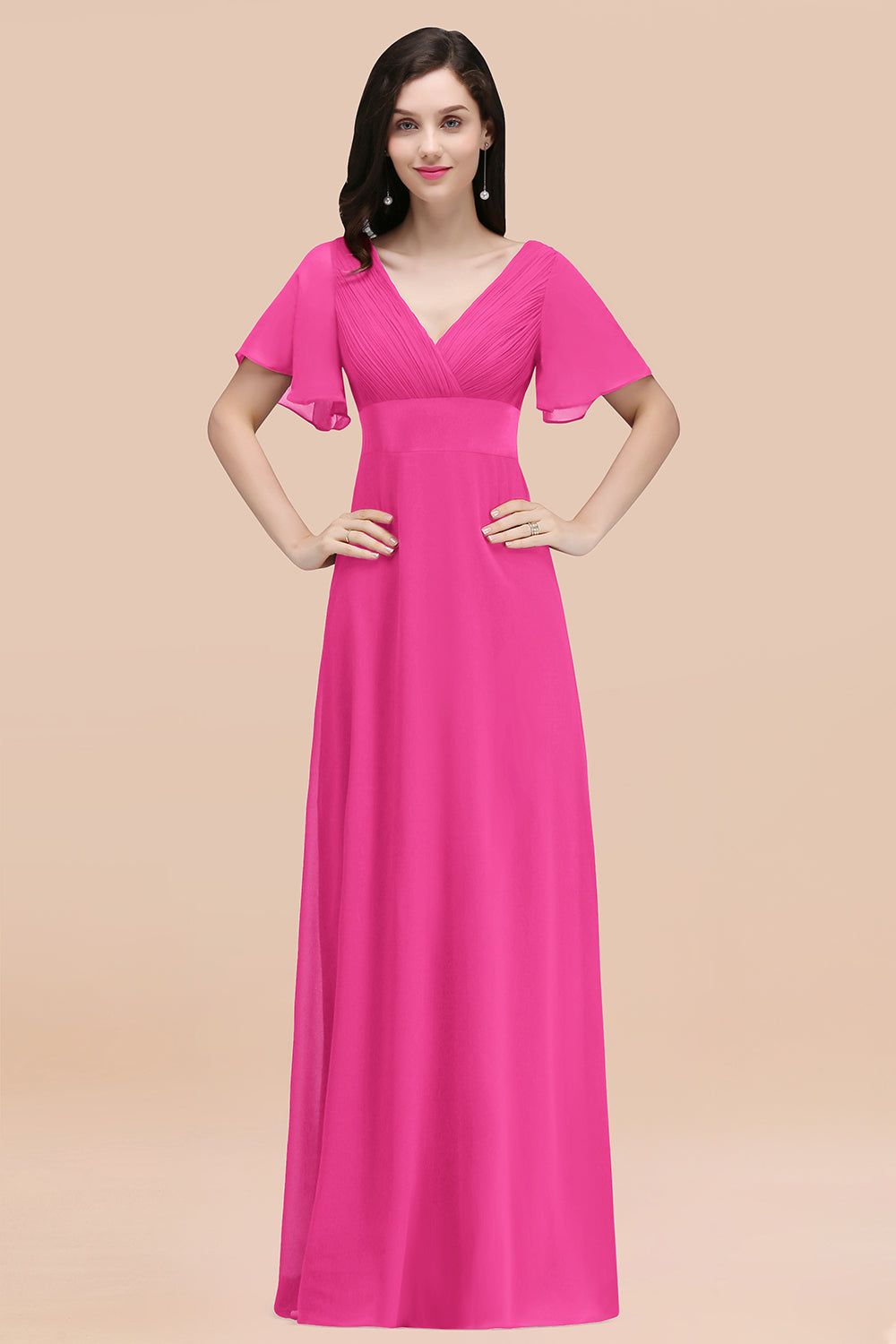 Hot Pink V-Neck Chiffon Empire Long Bridesmaid Dress with Pleats