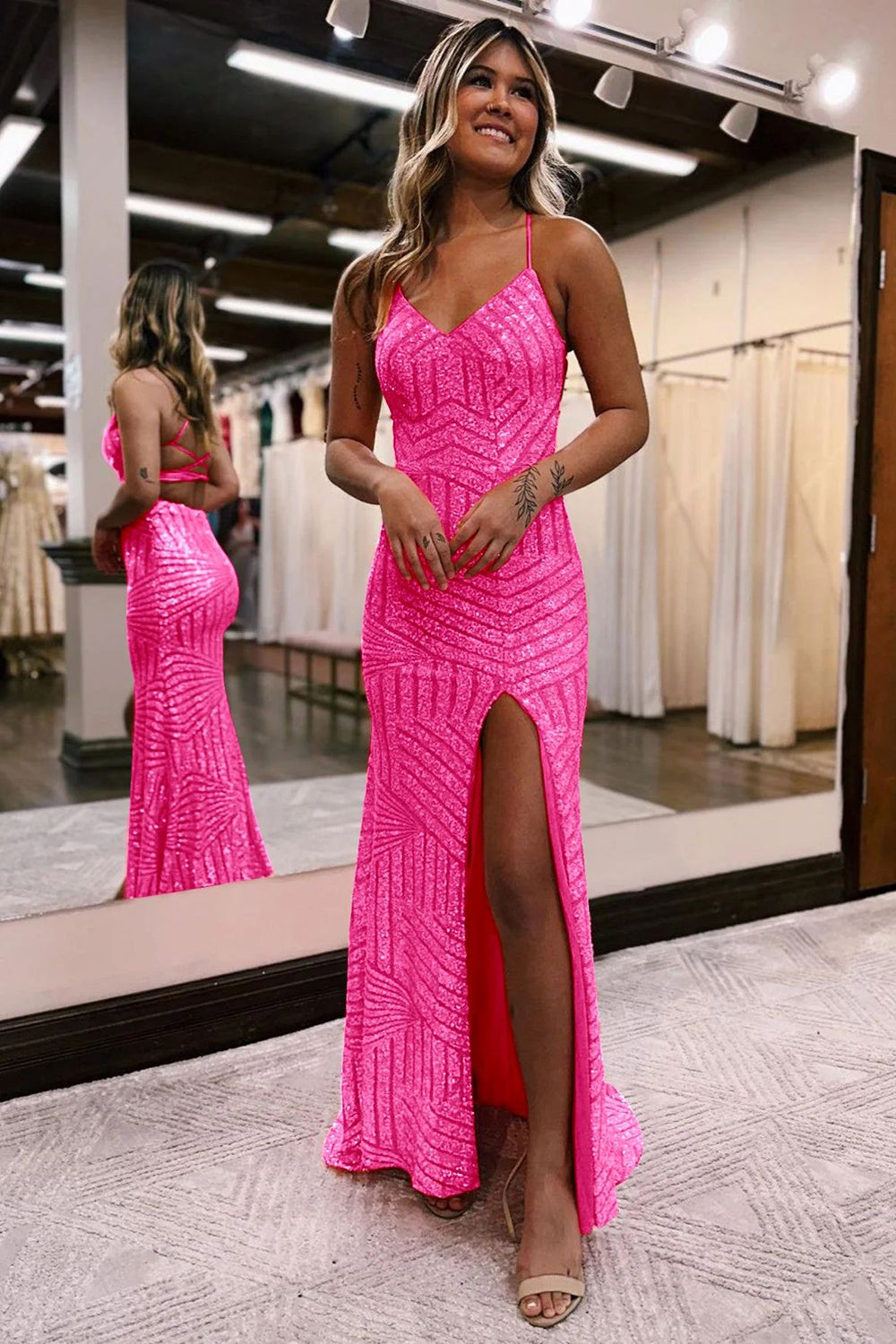 Hot Pink V-Neck Sequin Sheath Long Prom Dress with Slit
