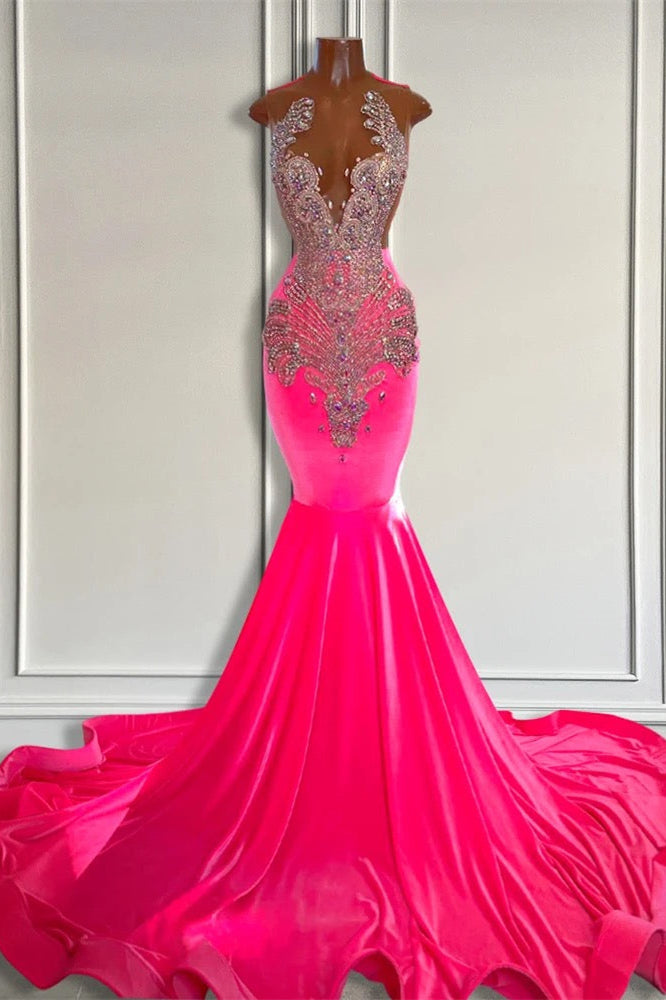 V-neck Tulle Mermaid Style Sleeveless Sweep Train Prom Dresses with Applique Beadings in Pink