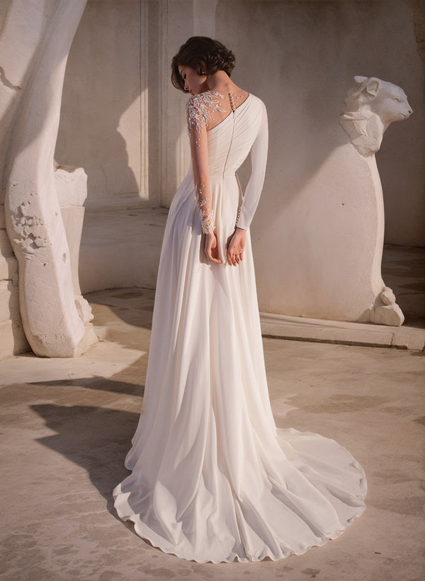 Ivory A-Line Wedding Dress with Long Sleeves and Slit Back View