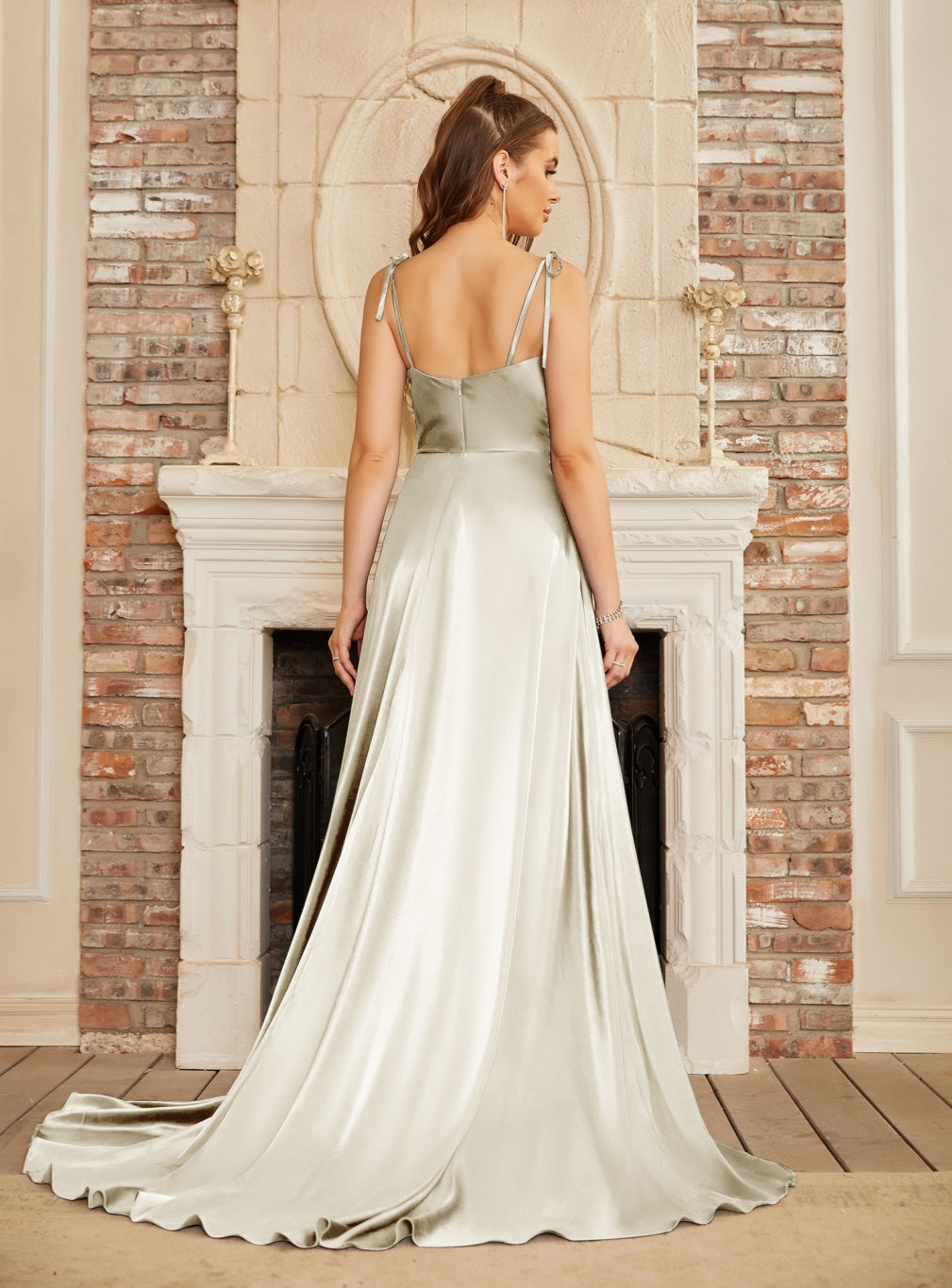 Ivory Cowl Neck Satin A-Line Long Prom Dress with Bow Back View