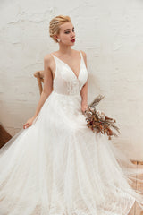 Ivory Deep V-Neck A-Line Sweep Train Wedding Dress with Lace Appliques