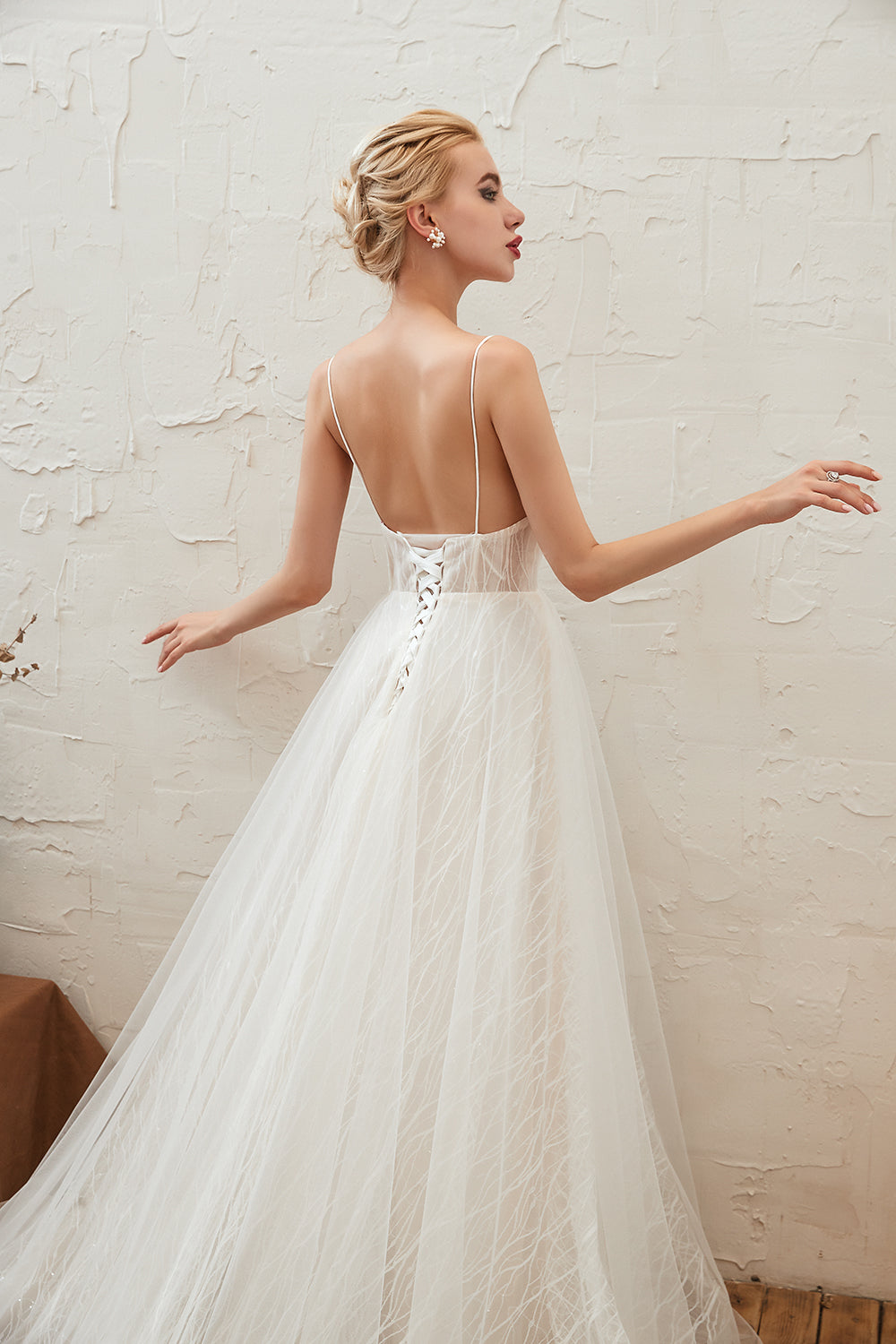 Ivory Deep V-Neck A-Line Sweep Train Wedding Dress with Lace Appliques Back Detail