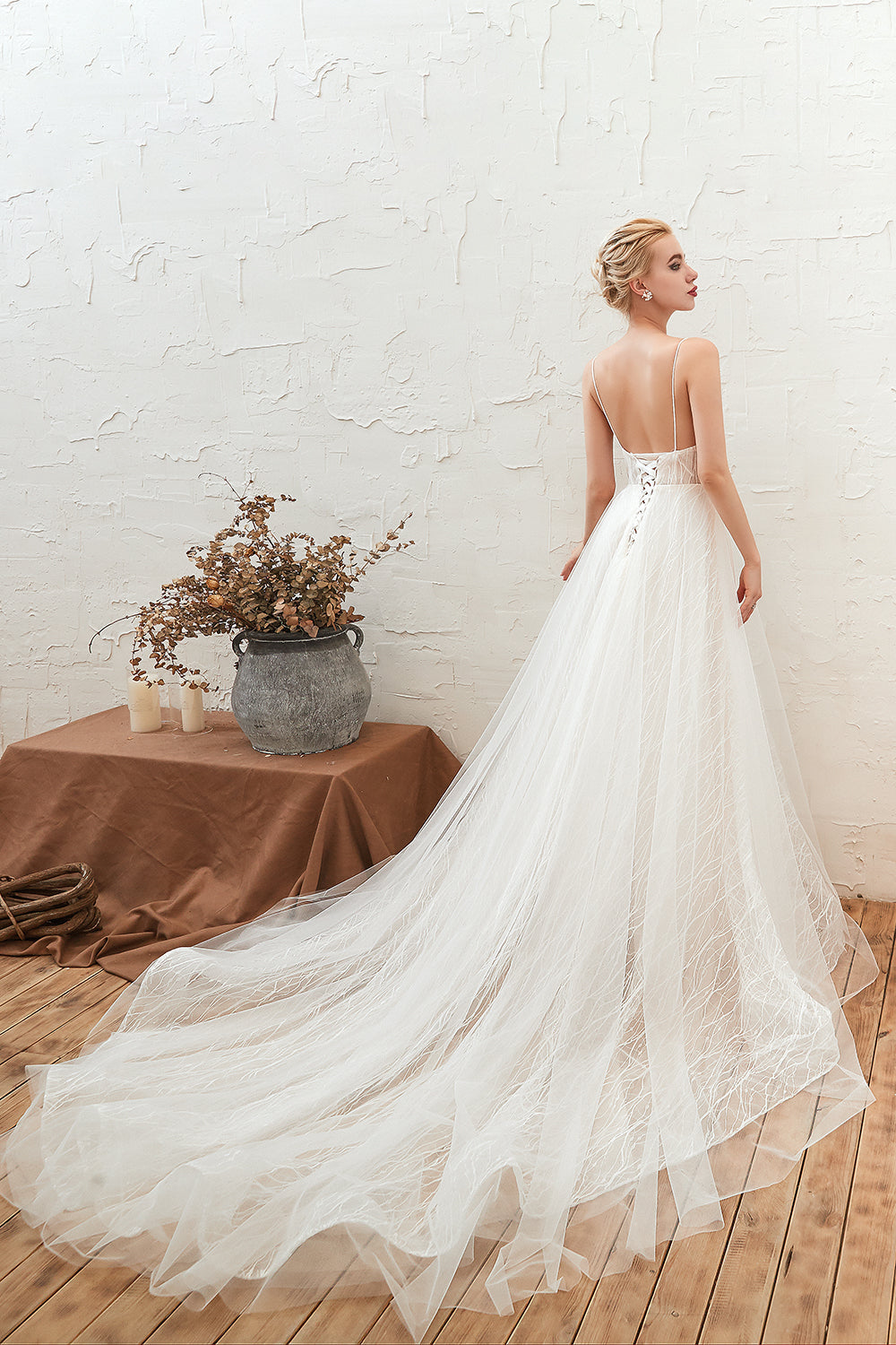 Ivory Deep V-Neck A-Line Sweep Train Wedding Dress with Lace Appliques Back View