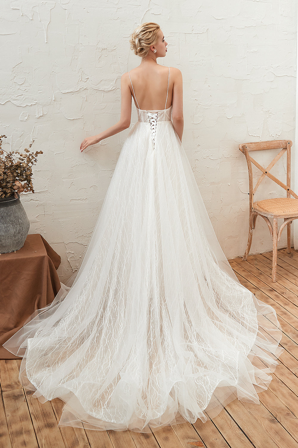Ivory Deep V-Neck A-Line Sweep Train Wedding Dress with Lace Appliques Back View