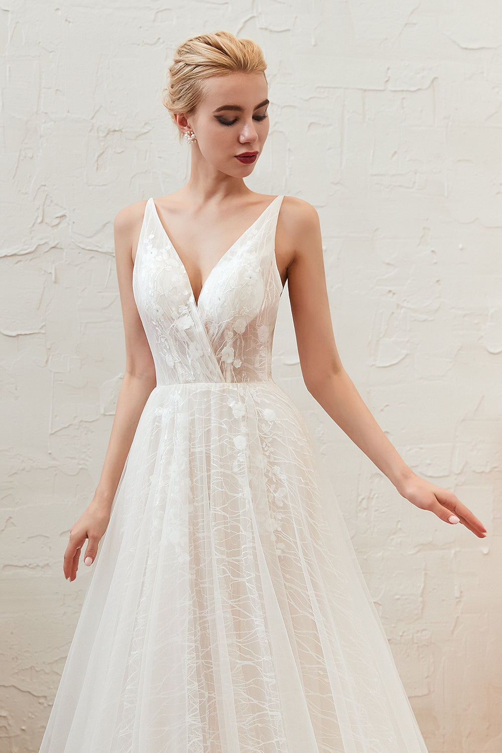 Ivory Deep V-Neck A-Line Sweep Train Wedding Dress with Lace Appliques Bodice Detail