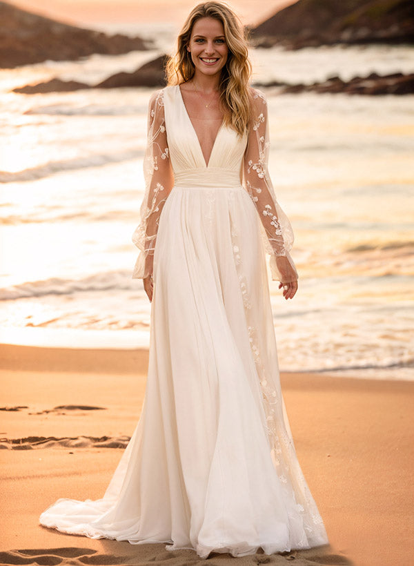 Ivory Deep V-Neck A-Line Sweep Train Wedding Dress with Lace Appliques, Long Sleeves and Pleats