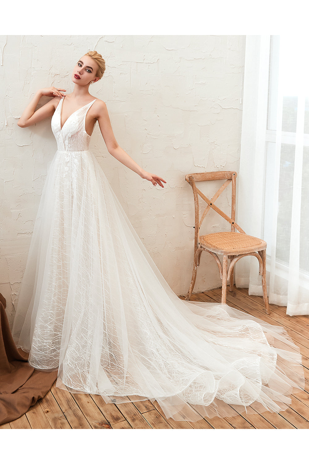 Ivory Deep V-Neck A-Line Sweep Train Wedding Dress with Lace Appliques Side View