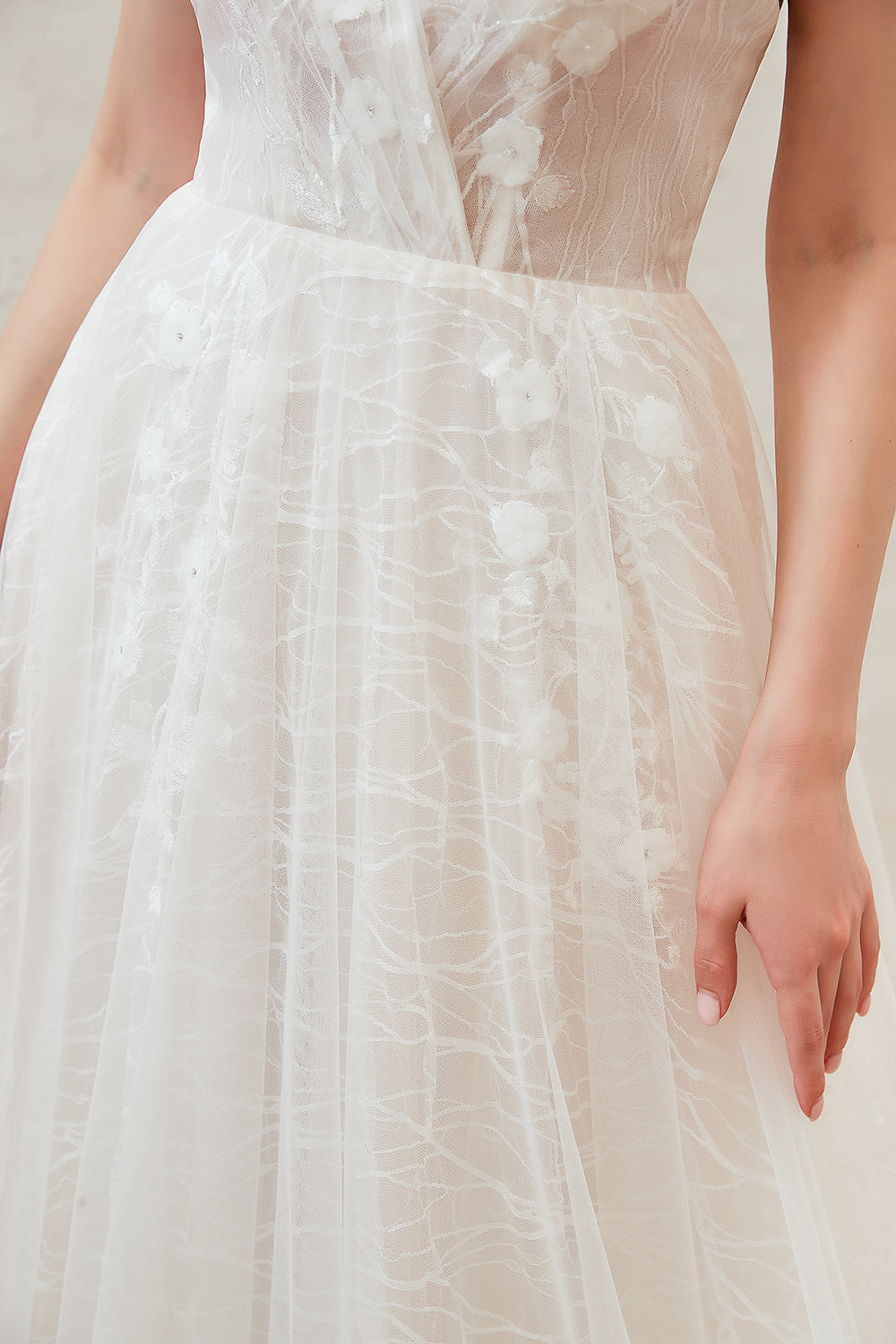 Ivory Deep V-Neck A-Line Sweep Train Wedding Dress with Lace Appliques Skirt Detail