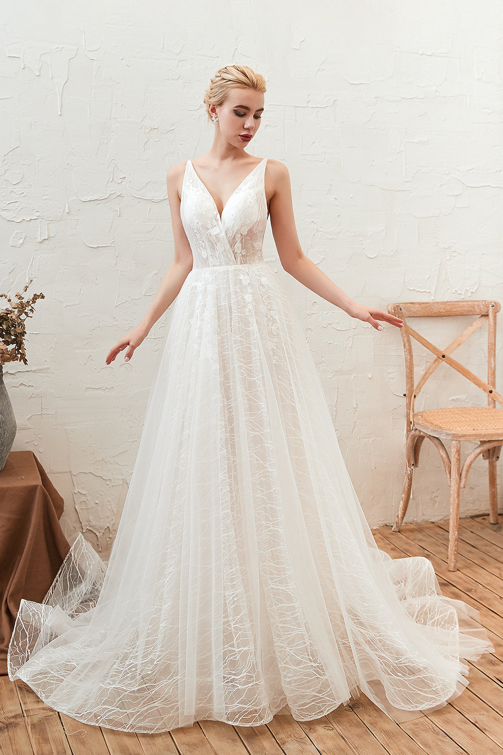 Ivory Deep V-Neck A-Line Sweep Train Wedding Dress with Lace Appliques